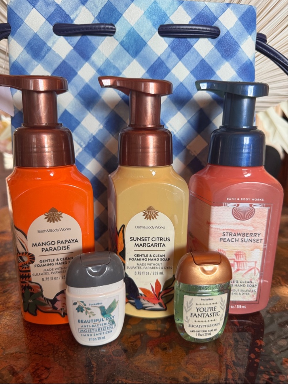 3 Foaming Tropical Hand Soaps, 2 Sanitizers & Gift bag